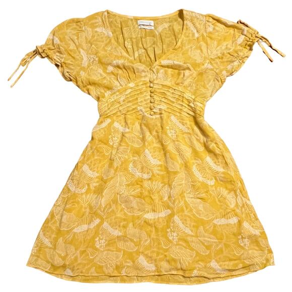 Urban Outfitters Yellow Floral Mini Dress Size Medium Smocked V Neck Flowy - Picture 1 of 6